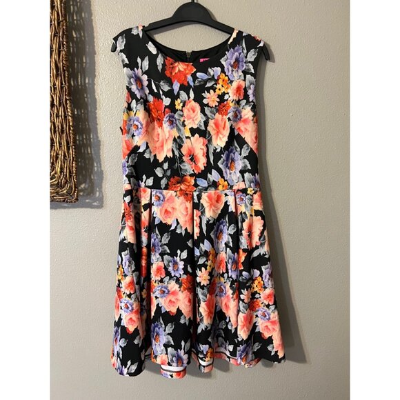 Betsey Johnson Dress 12 Blue Orange Floral Stretch A Line Colorful Career Church - Picture 5 of 6